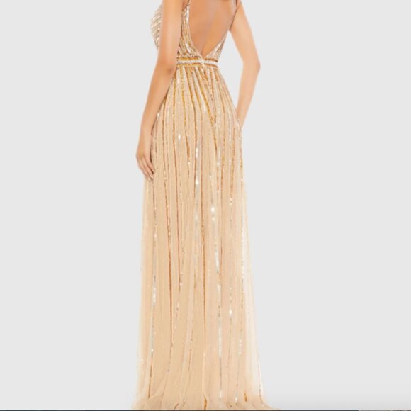 MAC DUGGAL 93801 SEQUINED WRAP OVER SLEEVELESS GOLD/NUDE GOWN sz 6 - Picture 6 of 7